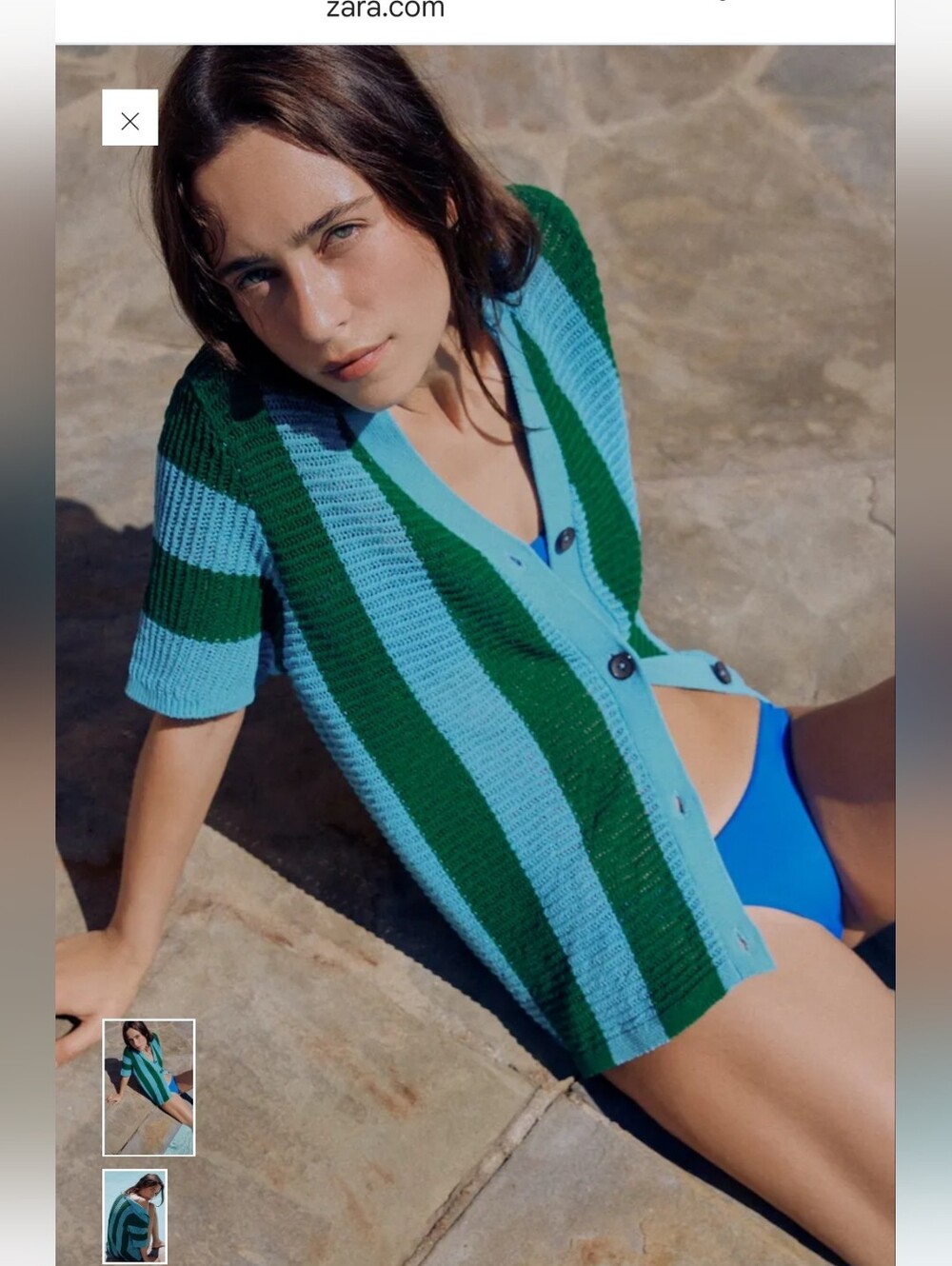 Zara Green and Light Blue Striped Short-Sleeve Knit Cardigan